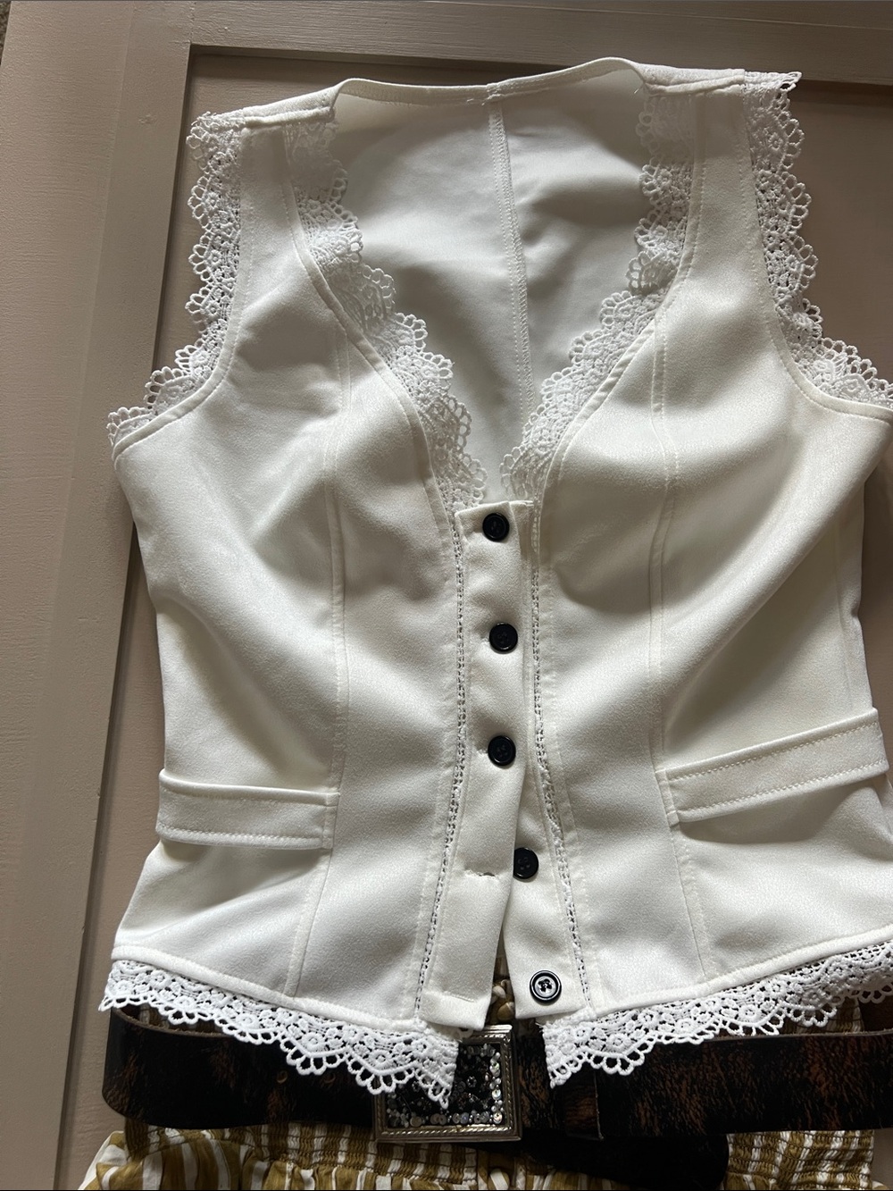 Women’s Lace-Trim Button Front Ivory Top - Picture 2 of 4